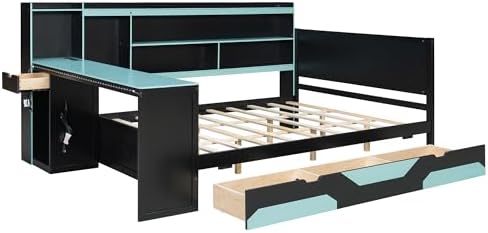 Merax Queen Size Gaming Daybed with Integrated Desk and Lights, Wooden Platform Bed Frame with 3 Storage Drawers and Built-in Charging Station, Multi-Functional Headboard Shelves, No Box Spring Needed - Image 6