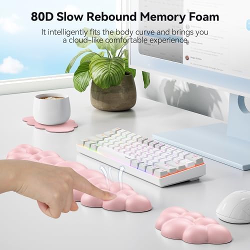 TECKNET Cloud Keyboard Wrist Rest Set, Cloud Wrist Rest with Non-Slip Base, PU Leather Wrist Pad for Keyboard with Ergonomic Memory Foam for Computer Laptop Office Gaming and Pain Relief, Light Pink - Image 4