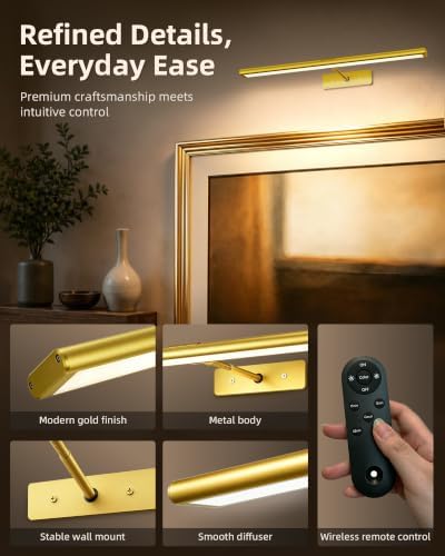 EZVALO Picture Light for Wall, 4800mAh Rechargeable Wireless Gold Light with IR Remote, Dimmable Magnetic LED Art Display Light with 3 Color Temperatures, for Gallery, Living Room, Bedroom(2Pack) - Image 5