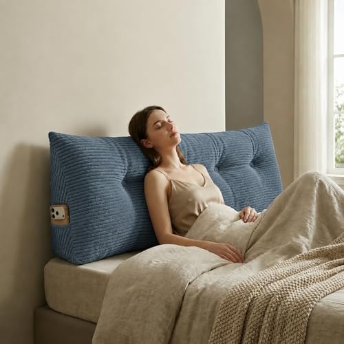Wedge Reading Pillow Headboard Full Size, Headboard Bolster Pillow for Bed, Triangular Backrest Cushion with Removable Corduroy Cover, Blue by DVUAY