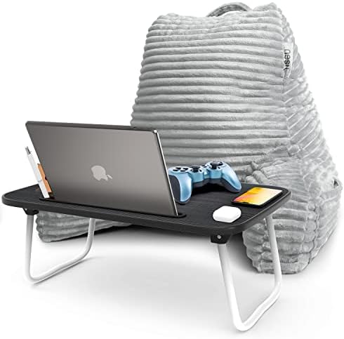 Nestl Light Grey Reading Pillow with Bed Desk for Laptop and Writing, Luxe Cut Plush Back Pillow for Sitting Up, Back and Arms Adjustable Support for Adult and Teens, Foldable Lap Desk for Bed 22x14” by Nestl