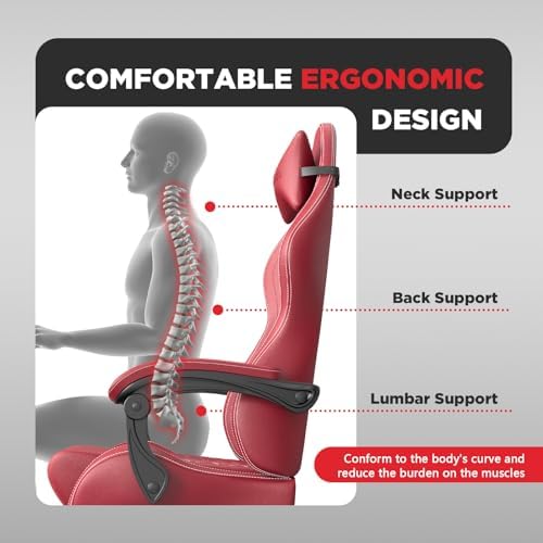 Ferghana Vintage PU Leather Gaming Chair, Ergonomic Gamer Chair with Massage, High Back Computer Office Chair with Footrest for Adults, Racing Style Reclining Video Game Chair (Red) - Image 6
