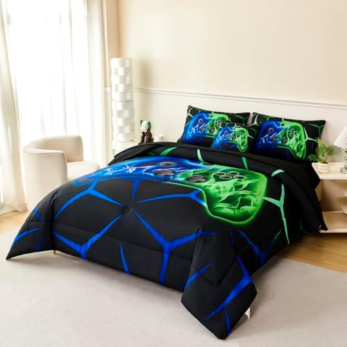 Full Gamer Comforter Set for Kids Blue Green 3D Gaming Bedding Set Teens Boys Gamepad Bed in A Bag Soft Microfiber 6 Pieces Video Game Console Bed Sets with Sheets(Blue Green, Full) - Image 3