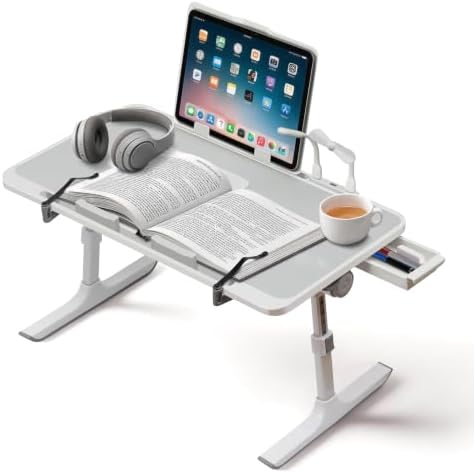 Lap Desk with Cooling Fan, LED Light and USB Port, Adjustable Laptop Desk with Storage Drawer, Foldable Laptop Table for Bed Sofa Work Study, Portable Computer Desk (Grey) by PHANCIR