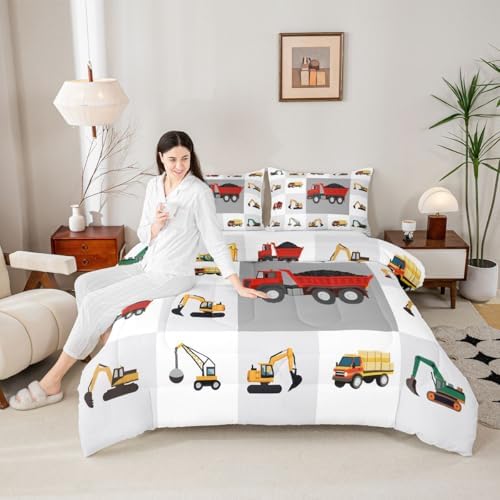 Boys Red Construction Bedding Set Cartoon Excavator Comforter Set for Kids Boys Tractor Truck Car Duvet Set Vehicles Comforter 1 Comforter Set with 2 Pillowcases Full Size Boys - Image 5