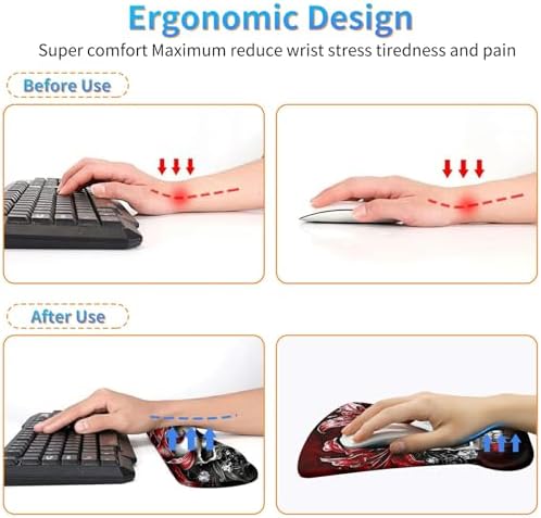 Ergonomic Mouse Pad with Wrist Support Gel Mousepads and Upgrade Keyboard Wrist Rest Pad Set, Coasters Non-Slip PU Base Mouse Mat for Office Gaming Computer Laptop Home, Red Flower Skull - Image 5