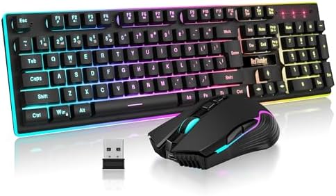 RedThunder K10 Wireless Gaming Keyboard and Mouse Combo, LED Backlit Rechargeable 3800mAh Battery, Mechanical Feel Anti-ghosting Keyboard + 7D 3200DPI Mice for PC Gamer (Black) by RedThunder