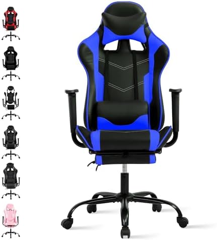 Gaming Chair, High Back PU Leather Gaming Chairs Computer Chair with Headrest & Lumbar Support, Height Adjustable Wide Seat Gaming Chairs for Adults, Game Chair with Footrest & Armrest (Blue) by HaiputWam