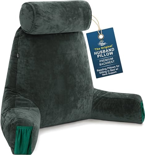 Husband Pillow Medium Reading Pillow with Arms - 23" Backrest for Sitting Up in Bed - Firm Support Bed Rest Pillow for Adults, Neck Roll, Removable Cover - TV, Reading, Lounging - Dark Green by HusbandPillow