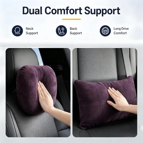 2 PCS Car Pillow for Driving Seat Soft Suede Headrest Neck & Lumbar Support | Universal Fit,Pain Fatigue Relief,Comfortable Plush,Elastic Adjustable Strap,Travel Sleep,Breathable Machine Washable Cover - Image 2