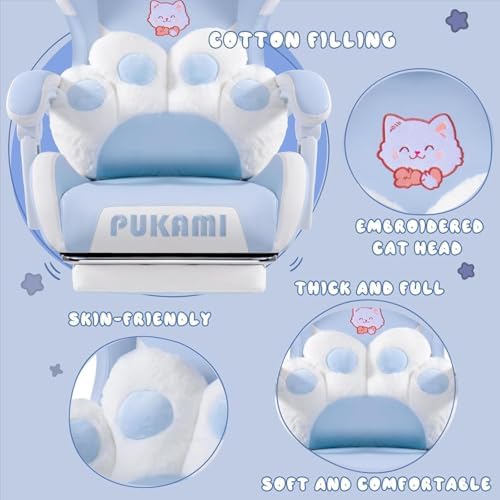 PUKAMI Gaming Chair with Cat Ears,Cute Computer Chair for Girl with Footrest,Ergonomic Gamer Chair, Kawaii Gaming Chair, Game Chair (Blue) - Image 5