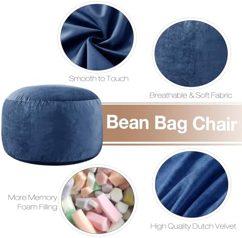 SHOUREN 3 Ft Bean Bag Chair,Bean Bag Chairs for Living Room,3 Foot,Navy | Bean Bag Chairs for Adults,Memory Foam Filling,Beanbag with Filler Included,Soft Velvet Cover,Pocket & Pull-Handle - Image 2