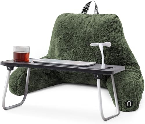 Nestl Fur Reading Pillow with Laptop Lap Desk, Stylish Back Pillow for Sitting Up, Lap Desk with Reading Pillows for Sitting in Bed Adult & Kids, Faux Fur Chair Pillow with Arms - Olive Green by Nestl