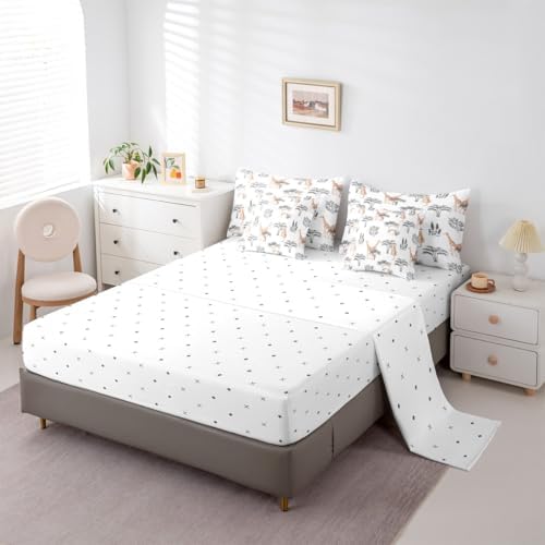 Feelyou Cute Giraffe Comforter Set with Sheets 7 Piece Queen Size Tiger Bedding Set for Kids Boys Girls Deer Bed in a Bag Jungle Animals Room Decor Botanical Tropical Tree Grey Orange - Image 4