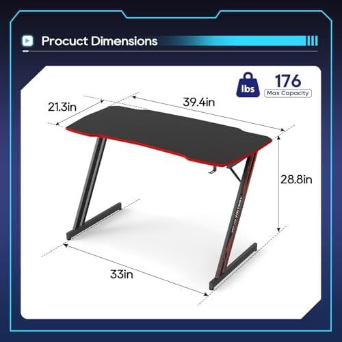 BestOffice 39" Gaming Desk Computer Gaming Desk Z Shaped Gaming Workstation Ergonomic Gaming Table with Headphone Hook for Game Players,Black&Red - Image 3