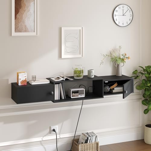 HOOBRO 55" Floating TV Stand with Power Outlets, Modern Wall Mounted Media Console Shelf with Doors, Entertainment Center for Under TV Storage, for Living Room, Bedroom, Black BK11UDS01 - Image 5