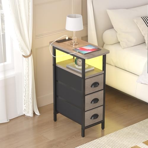 sthmec End Table with Charging Station,LED Side Tables with USB Ports and Outlets,Skinny Bedside Tables with 3 Drawers,Small Tabls Nightstands for Small Space,Slim Sofa Table for Livingroom, Grey - Image 7