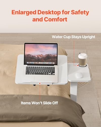 VEVOR Overbed Table, Mobile Bed Side Table with Flip Desktop and 4 Hidden Wheels, Height & Angle Adjustable Rolling Laptop Desk with Cup Holder, Portable Over Bed Desk for Home, Office, Study, White - Image 5