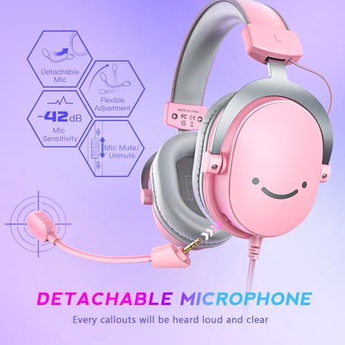 FIFINE USB Gaming Headset, PC Over-Ear Wired Streaming Headset with 3.5mm Jack, Detachable Microphone, 7.1 Surround Sound, Control Box, Passive Noise Cancellation, for PS5/Xbox/Switch-H9 Pink - Image 5