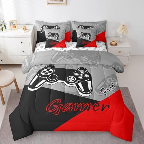 Feelyou Gamer Comforter Set with Sheets for Boys Teens Gaming 7 Piece Bedding Set King Size Video Game Contoller Home Bed in a Bag Decor for Kids Bed Set by Feelyou