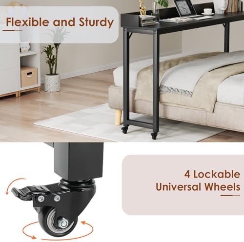 Arlopu Overbed Table with 360° Wheels, Queen Size Mobile Bed Desk, Black - Image 4