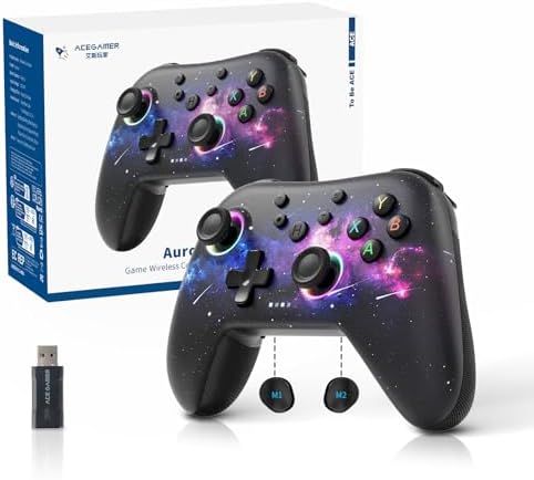 AceGamer Aurora II 2.4G Wireless Bluetooth Controller for PC/Android/Switch/iOS/Switch 2/Steam Deck with Rotary Motors, RGB Hall Effect Joysticks - Upgraded PC Gaming Controller and Back Buttons Lock (Galaxy) by AceGamer