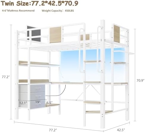 Garvee Twin Loft Bed with Desk and Stairs, Heavy Duty Loft Bed with RGB LED Lights, Charging Station, 3 Fabric Storage Drawers & 2 Open Shelves, No Box Spring Needed-White - Image 2