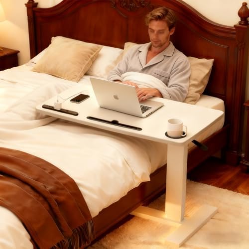 Over Bed Table Pneumatic Adjustable Height Stand Desk with Hidden Wheels USB Ports Pad Slot Mobile Laptop Standing Desk Cart, Podium Table (White, 32X16 inshes) by Usumairu