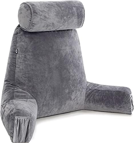 Husband Pillow Medium Reading Pillow with Arms - 23" Backrest for Sitting Up in Bed - Firm Support Bed Rest Pillow for Adults, Neck Roll, Removable Cover - TV, Reading, Lounging - Dark Grey by HusbandPillow