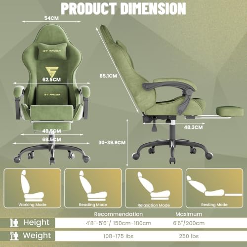 Ferghana Ergonomic Velvet Gaming Chair with Massage, Footrest & Reclining High Back, Racing Style Computer Desk Chair for Adults, Home Office Use, Green - Image 3