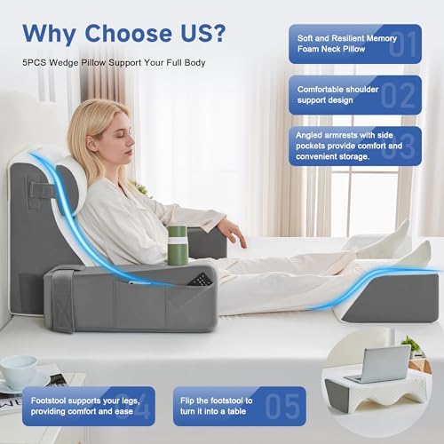Reading Pillow for Bed, Back Pillow for Bed Sitting Up, Bed Pillows for Sitting Up with Adjustable Armrests, Cup Holder & Large Pocket, Backrest Cushion for Reading, Watching TV (WhiteGrey, 5PCS) - Image 5