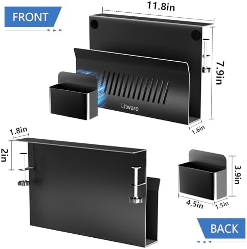 Litwaro Desk Side Storage, No Drill Laptop Holder with Magnetic Pen Holder, Clamp on Laptop Mount with Sticky Headphone Stand, Hanging Organizer for Office, Fits Flat Table Edge 0.4" to 2" (Black) - Image 2