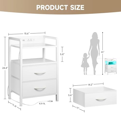 Lazzanto Nightstand with Rear Charging Station, LED Light, 2 Drawers, White - Image 3