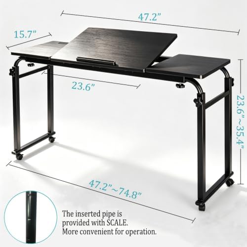 Overbed Bedside Table with Wheels Portable Rolling Laptop Desk Cart Computer Table Over The Bed Table Adjustable Height and Length with Tilt Stand Board for Bed Hospital Home and Office (Black-M) - Image 6