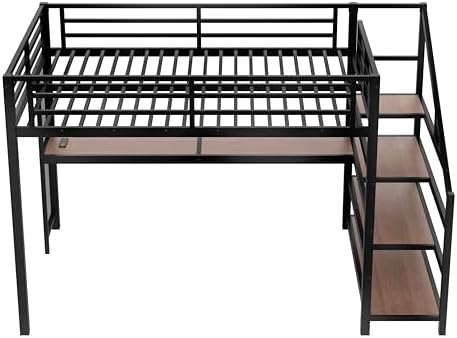 Queen Size Loft Bed with Desk and Storage Stairs, Metal Loft Bed Frame with LED Lights, Charging Station, and Multi-function Iron Nets, Loftbed for Kids, Teens, Adults, Noise-free, Black and Wood - Image 5