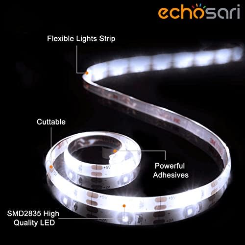 echosari Battery Operated Led Strip Lights White with Remote, 8 Modes, Dimmable, Timer, Self-Adhesive, Cuttable, for PC TV Kitchen Cabinet Shelves Bedroom Decor (3m 90LED) - Image 2