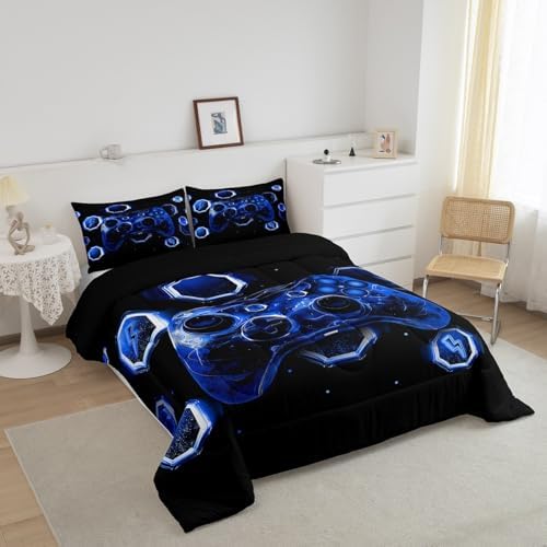 Feelyou Kids Blue Gamer Comforter Set Queen Size, Game Console Comforter Space Universe Gaming Bedding Set Boys Girls Gamepad Teens Duvet Set Bedroom Decor Bed Set 3Pcs - Image 3