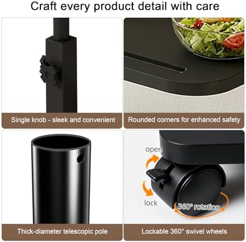 Adjustable TV Tray Side Table 360°Swivel Rolling, Black - Image 6