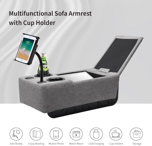Removable Sofa Armrest with Cup Holder, PU Leather Multifunctional Couch Caddy Storage Arm Rest with Power Wireless Charging Stand & LED Reading Light for Sofa Middle Seat Adjustable - Image 5