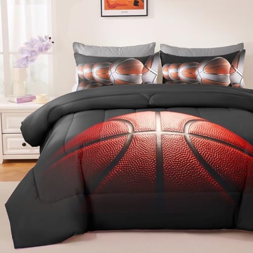 Teens Boys Sports Comforter Set Queen,Basketball Bedding Set for Kids,Sports Orange Basketball Comforter Sets,Black Teenage Boy Bedroom Bed Set 3 Pieces with Pillowcases by GRATTIOC