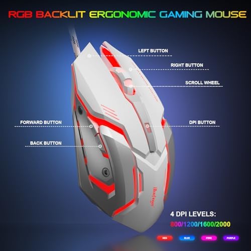 BlueFinger RGB Gaming Keyboard and Backlit Mouse and Headset Combo, USB Wired Backlit Keyboard, LED Gaming Mouse Set, Headset with Microphone for Laptop PC Computer Game and Work, White - Image 4