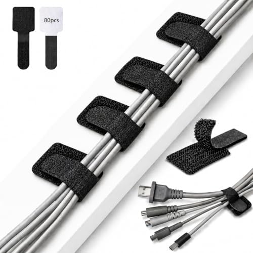 80 PCS Cable Organizer, Cord Organizer for Desk, Wire Holders for Cords with Adhesive Backing, Reusable Velcro Cable Management Straps, Under Desk Cable Management for Home Office and Gaming Setup by Unknown