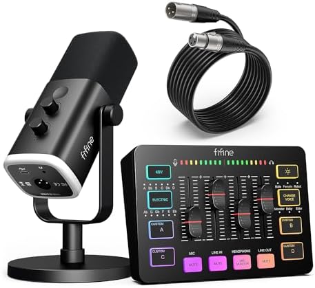 FIFINE Gaming Equipment Bundle, Dynamic XLR/USB Gaming Microphone Set with Streaming Audio Mixer for Podcast Recording Video Vocal, RGB Gamer Set with Volume Fader/XLR Interface for PC-AmpliGame KS5 by FIFINE