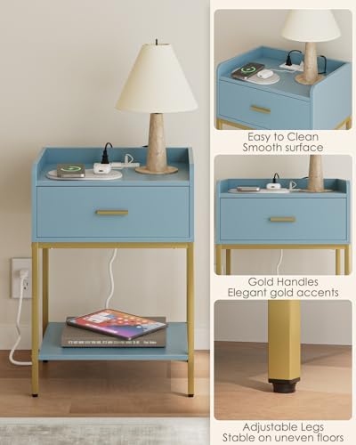 Masupu Nightstand with Charging Station,3-Tier Modern Bedside Night Stand with Storage Drawer and Shelf,Small End Side Table for Bedroom,Living Room,Gold and Blue - Image 7