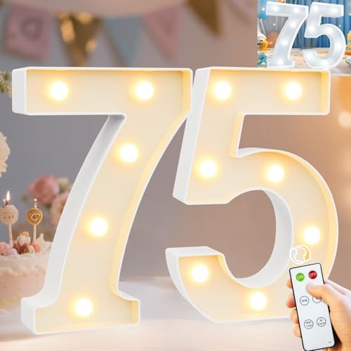 Pooqla 75th Birthday Decoration for Women Men, Decorative Marquee Numbers with Remote, Light Up 75 Sign for Party Backdrop 75th Wedding Anniversary Decor, Warm White and Cool White Number 75 by Pooqla