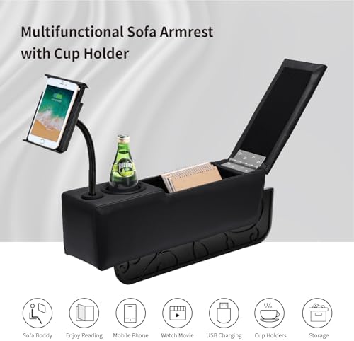 Sofa Armrest with Cup Holder, PU Leather Multifunctional Couch Arm Rest Insert, Removable Couch Caddy with Storage, Equipped with LED Reading Light & Wireless Charge Stand - Image 5