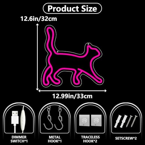 Cat Neon Sign, Pink LED Neon Light for Wall Decor, Dimmable USB Powered Cat Silhouette Neon Sign for Bedroom, Kids Room, Cat Cafe, Perfect Gifts for Cat Lovers & Pet Owners 12.99 x 12.6in - Image 3