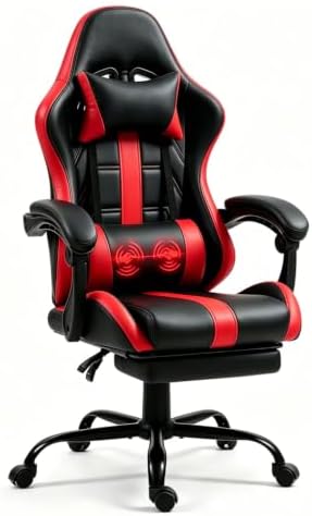 ECOTOUGE Massage Gaming Chair with Footrest & Lumbar Support, Red | Premium PU Leather; Ergonomic Massage Lumbar; 90-135° Recline; Height Adjustable; Retractable Footrest; 330Lbs Steel Frame by ECOTOUGE