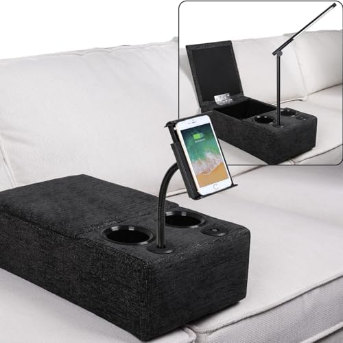Removable Sofa Armrest with Cup Holder, PU Leather Multifunctional Couch Caddy Storage Arm Rest with Power Wireless Charging Stand & LED Reading Light for Sofa Middle Seat Adjustable by beyondSMART