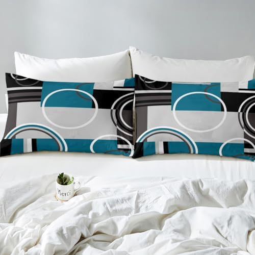 Erosebridal Modern Turquoise Decor Bed Sheets Gray Black Blue Stripes Geometric Sheet Set Twin Size Retro Circle Swirls Bedding Set Modern Abstract Texture Color Art Fitted Sheet - Image 5
